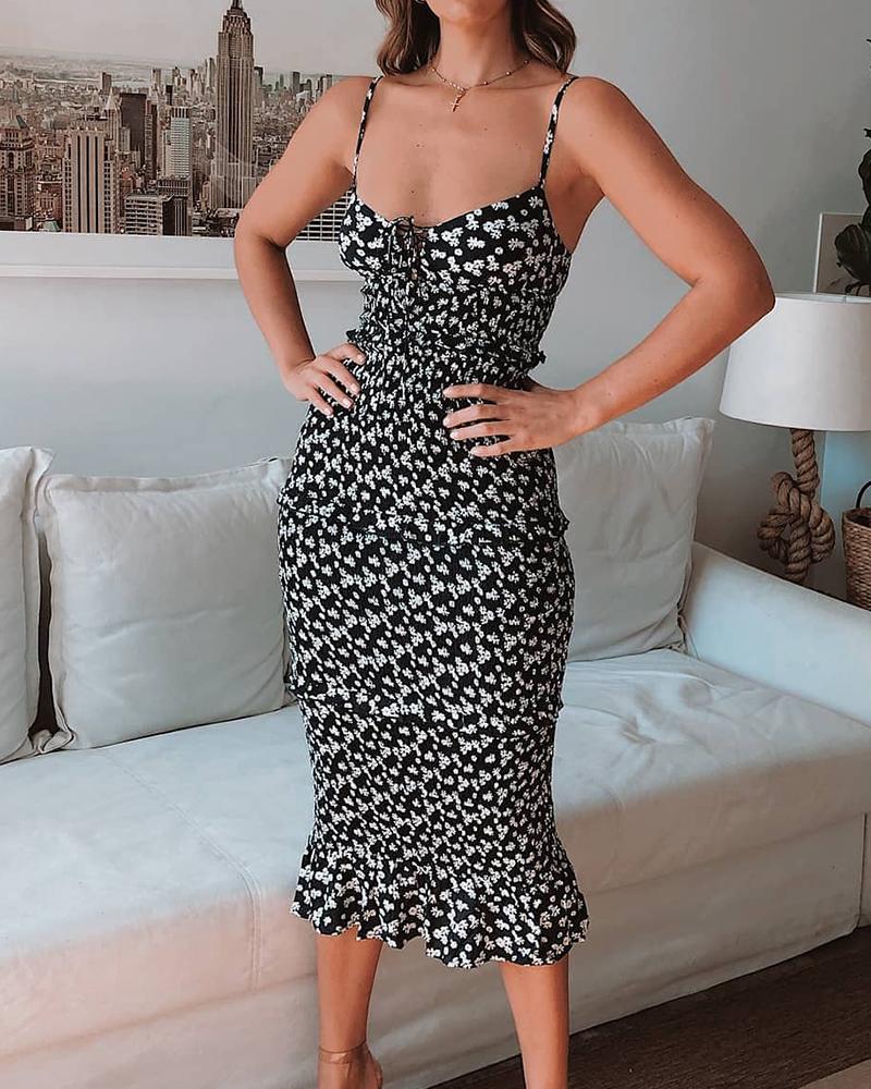 

Floral Print Ruffle Hem Midi Dress, Black