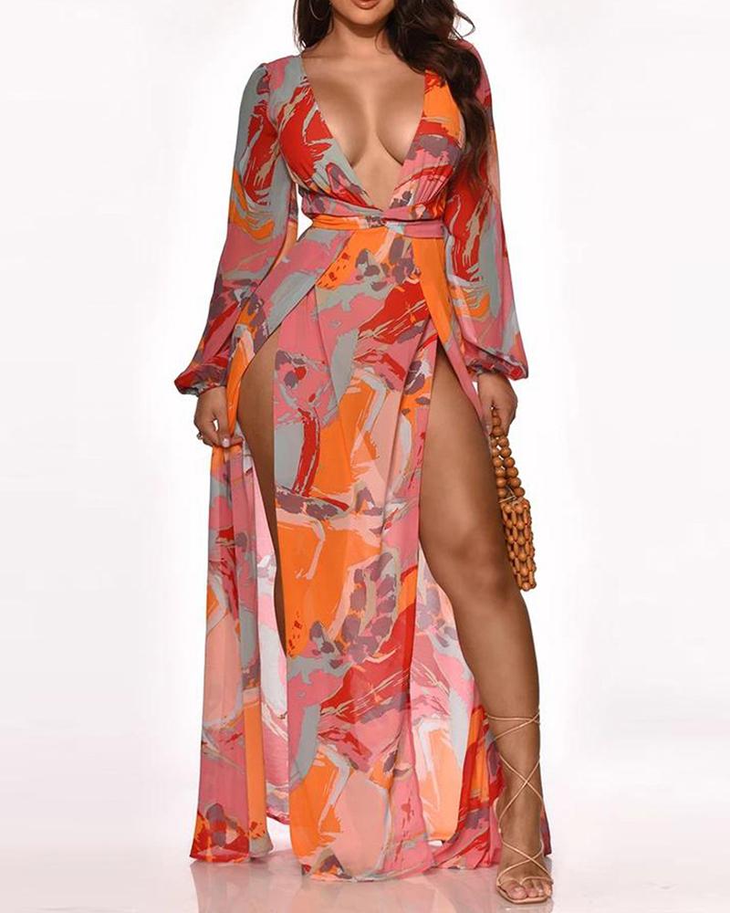 All Over Print High Slit Plunge Lantern Sleeve Maxi Dress