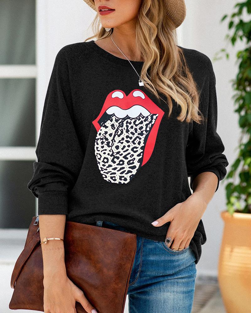 

Cheetah Lip Print Long Sleeve Top, Black