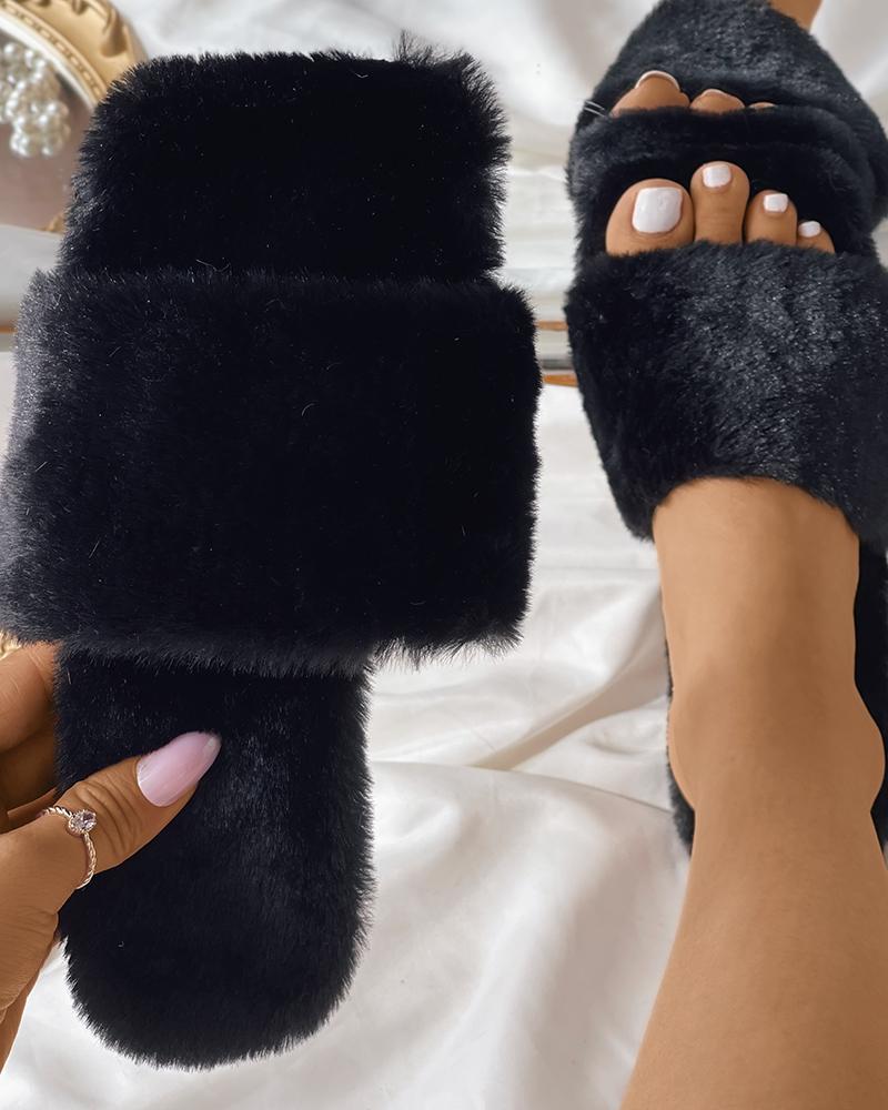 

Plain / Colorblock Square Toe Fluffy Slippers, Black