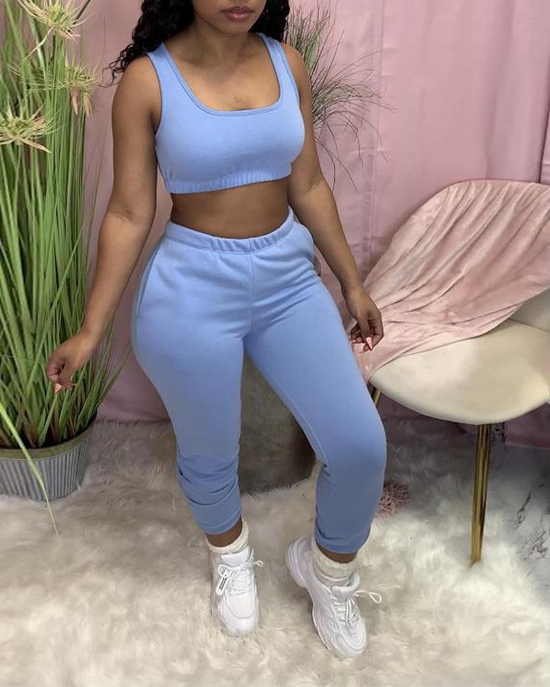 

Crop Tank Top & Pocket Detail Pants Set, Lighted blue