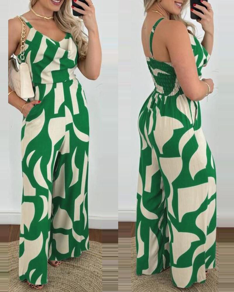 

All Over Print Wide Leg Jumpsuit, Green