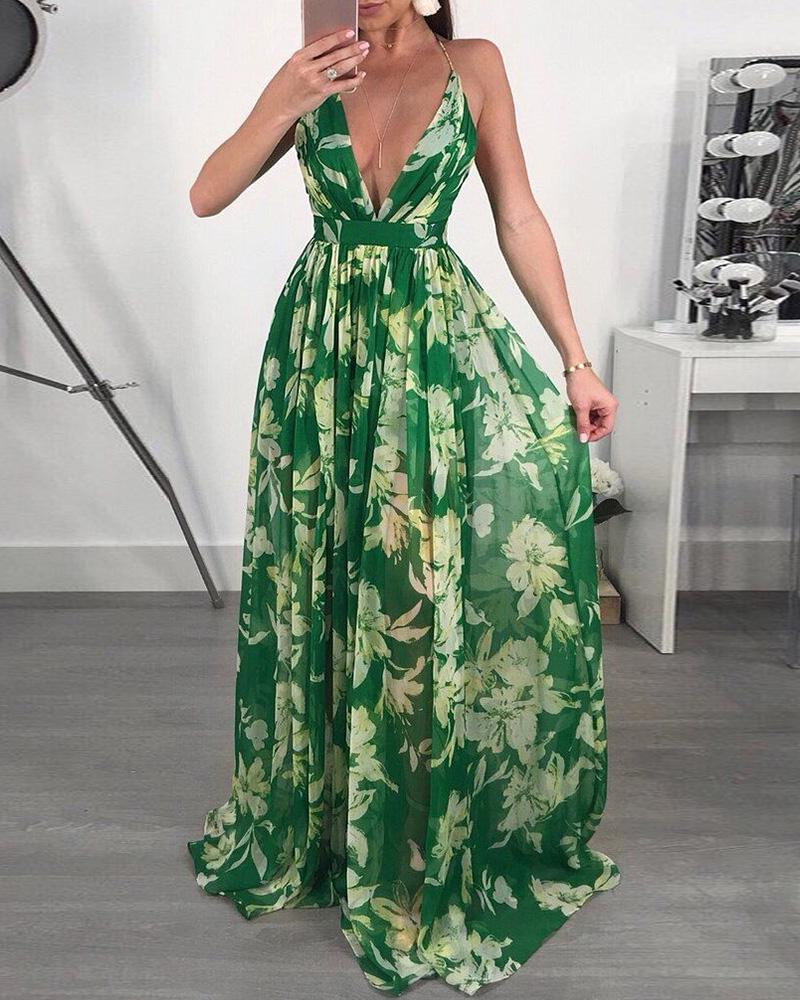 

Floral Print Pleated Backless Slip Maxi Dress, Green