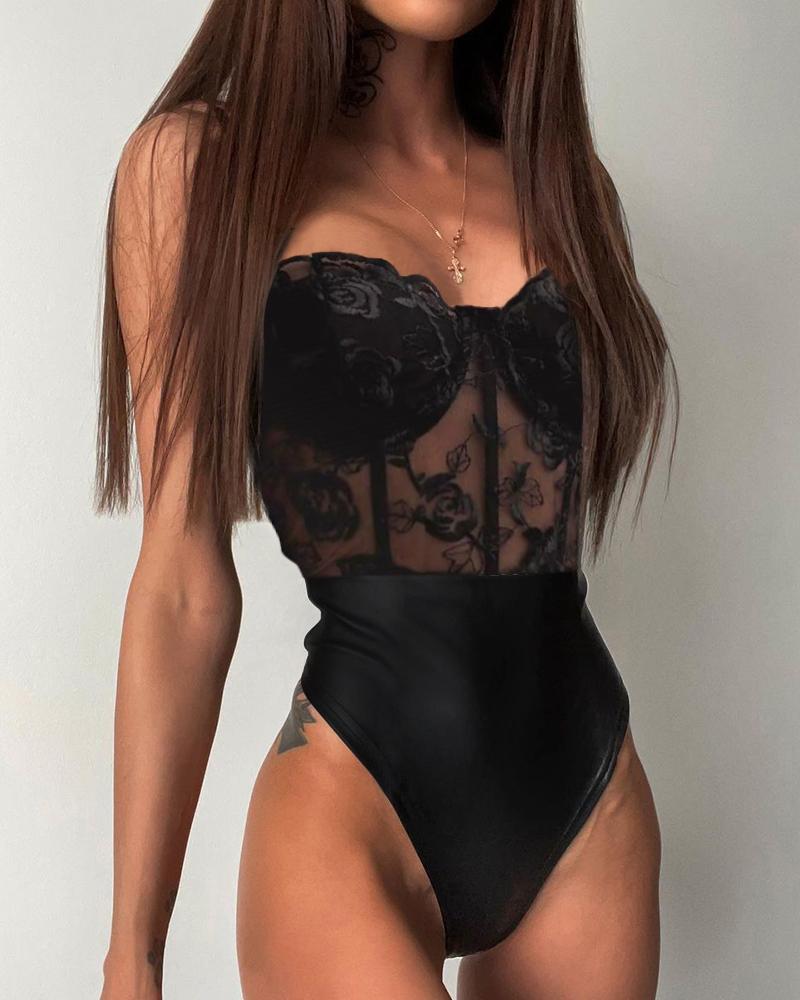 

Contrast Lace Bandeau Corset Bodysuit, Black