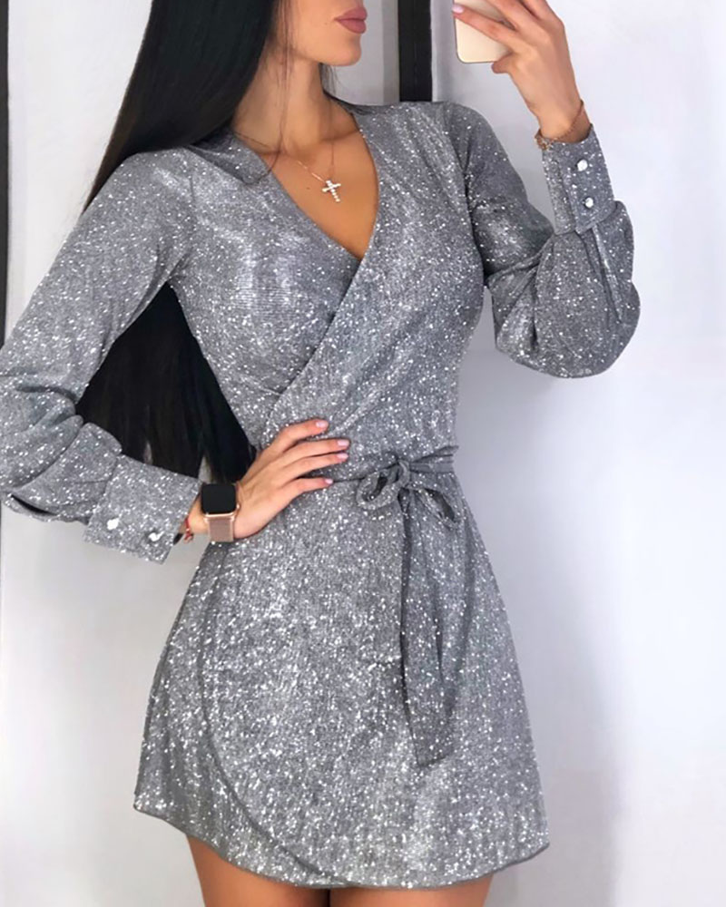 

Glitter Wrap Long Sleeve Dress, Gray