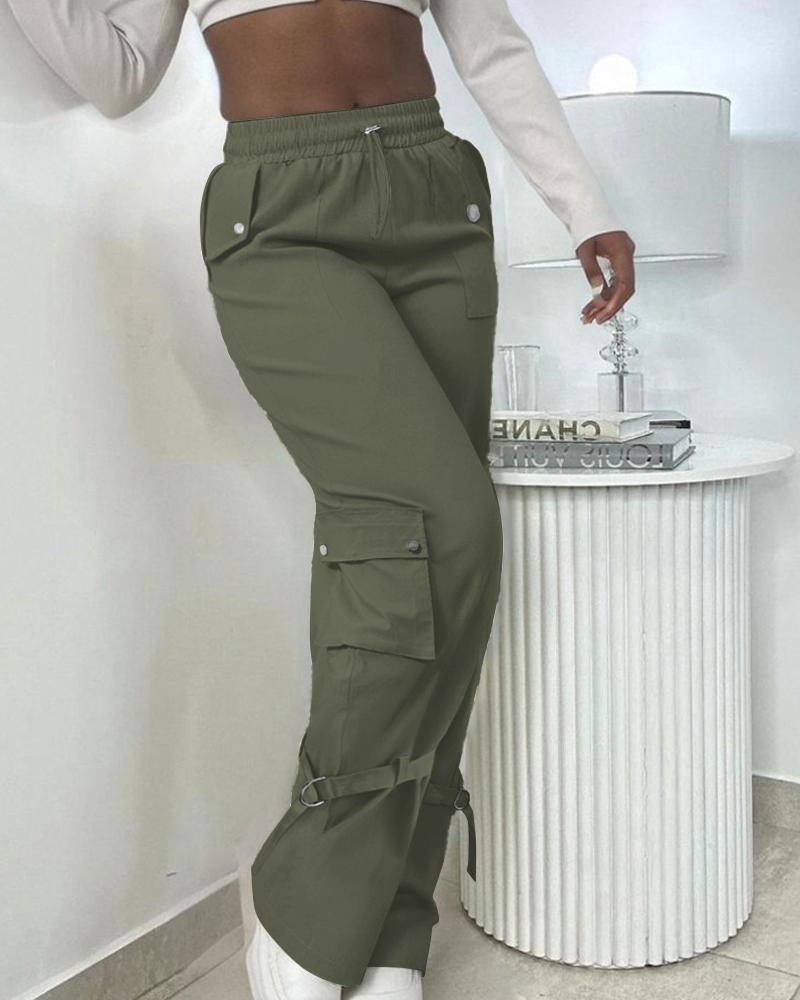 

Snap Button Buckled Drawstring Cargo Pants, Army green