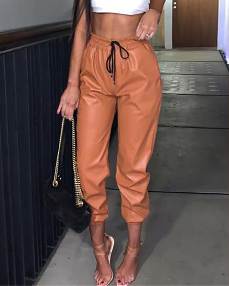

High Waist PU Leather Drawstring Cuffed Pant, Brown