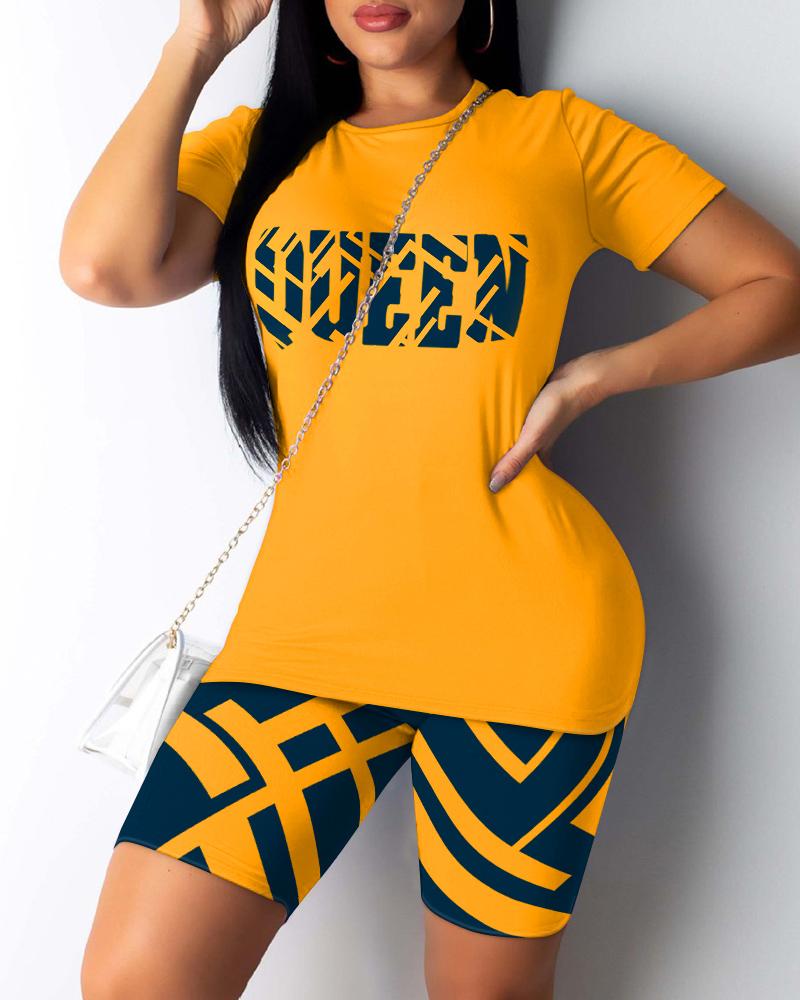 

Queen Letter Geometric Print Short Sleeve Top & Shorts Set, Yellow
