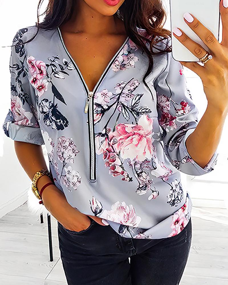

Floral Print Zipper Front Chiffon Top, Gray