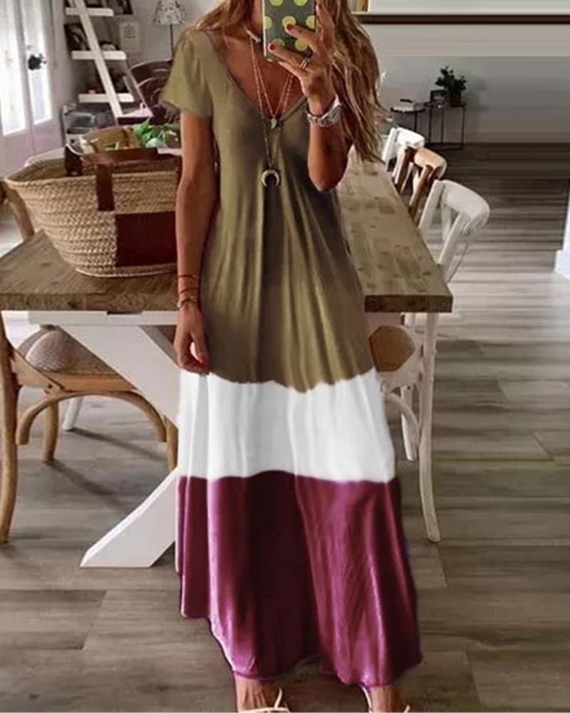 

V-Neck Short Sleeve Colorblock Maxi Dress, Brown
