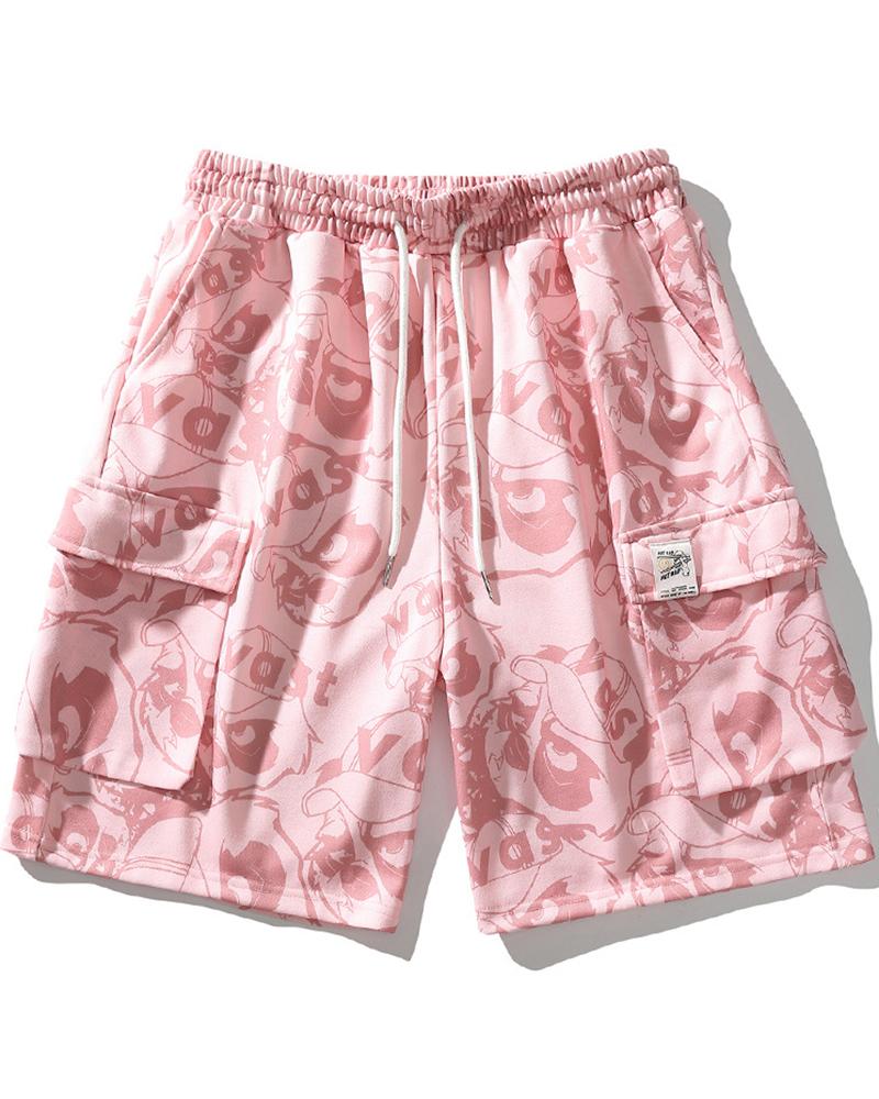 

Cartoon Print Loose Drawstring Shorts, Pink