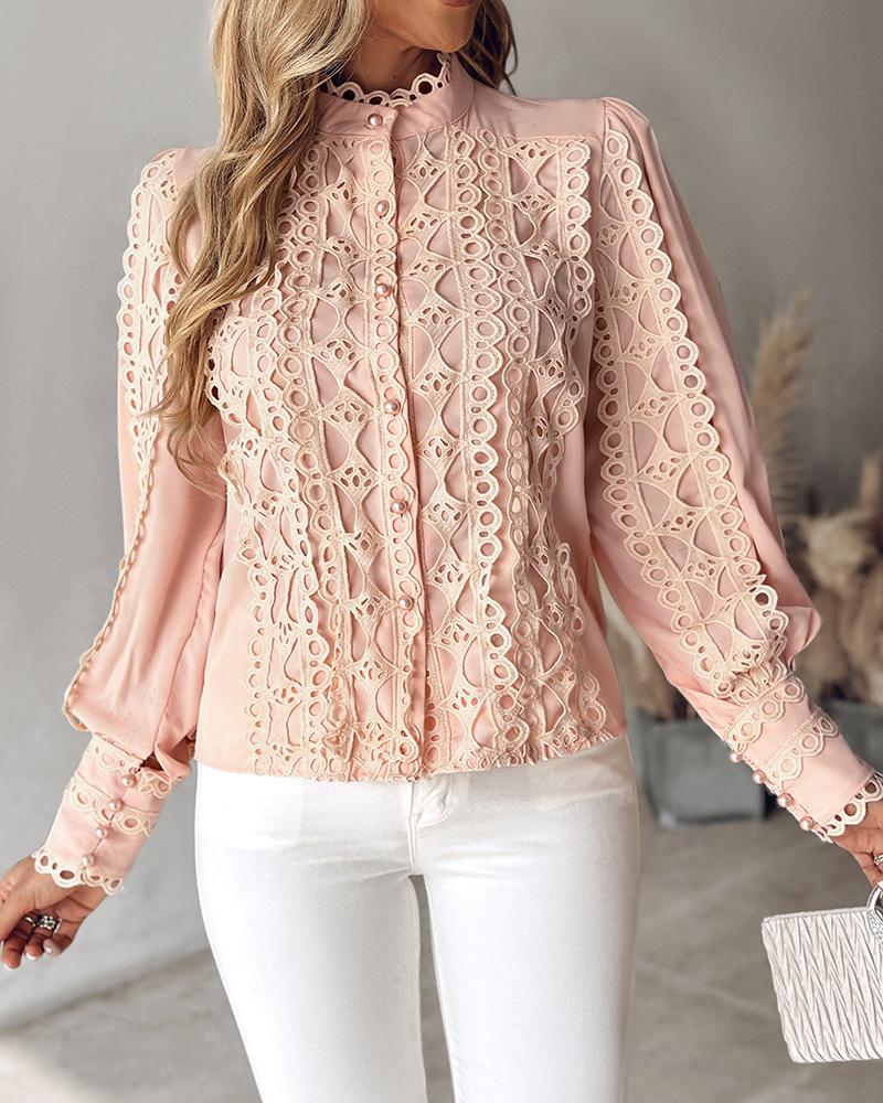 

Contrast Lace Stand Collar Buttoned Top, Pink