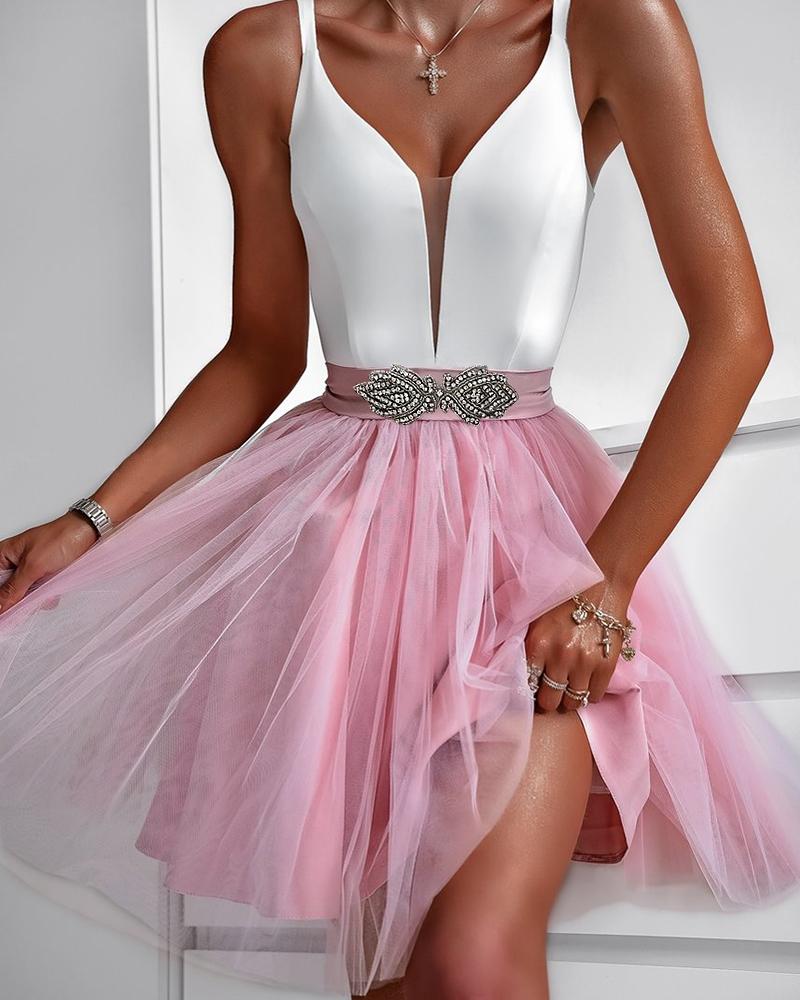 

Sheer Mesh Rhinestone Decor Party Dress, Pink
