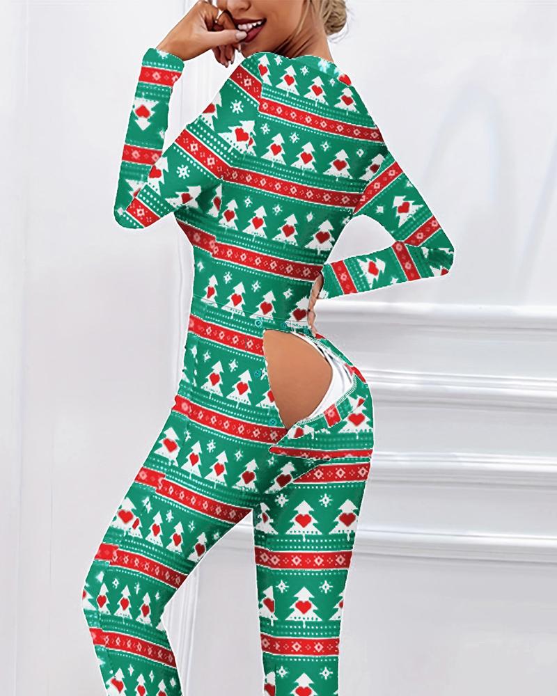 

Christmas Tree Print Functional Buttoned Flap Adults Pajamas, Green