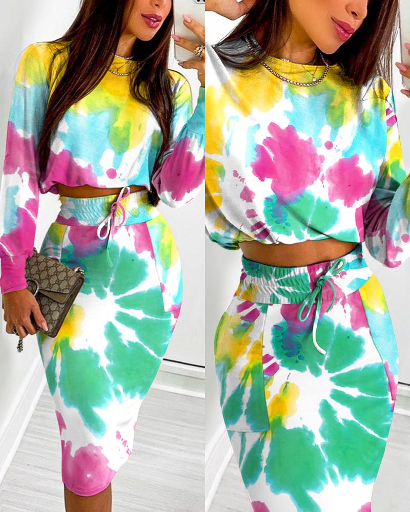 

Tie Dye Print Long Sleeve Top & Drawstring Shirred Skirt Set, Multicolor