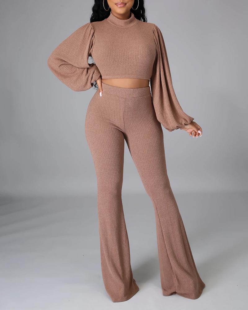

Ribbed Lantern Sleeve Top & Bootcut High Waist Pants Set, Khaki