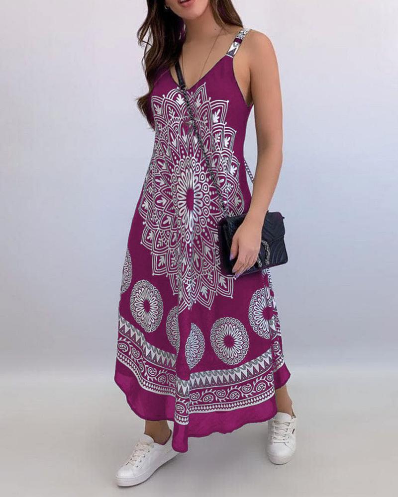

Graphic Print V-Neck Thin Strap Maxi Dress, Hot pink