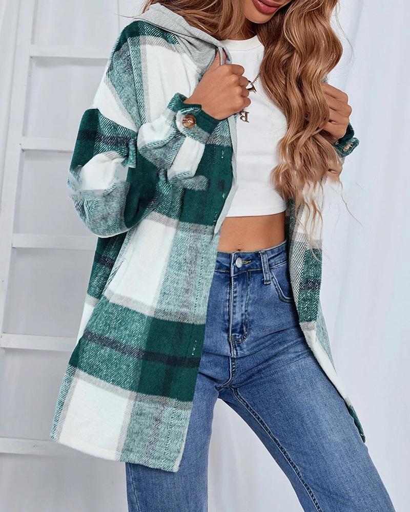 

Plaid Print Buttoned Pocket Design Hooded Coat, Green