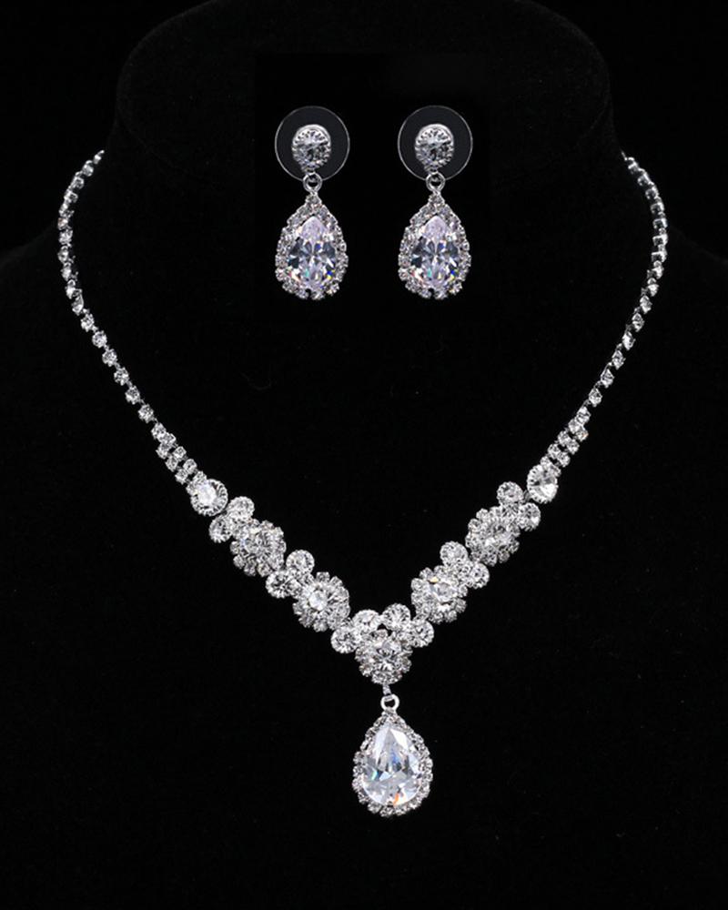 

2pcs Full Rhinestone Gem Stone Teardrop Earrings & Necklace Jewelry Set, Silver