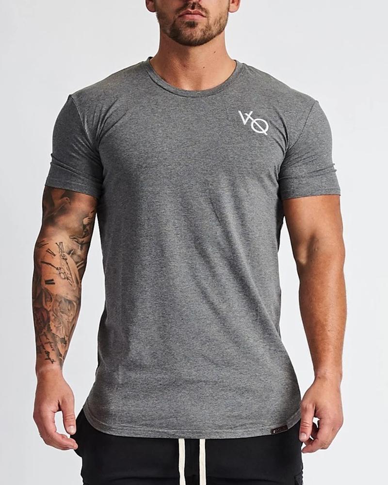 

Solid Color Splicing Letter Short Sleeve Sport T-shirt, Gray