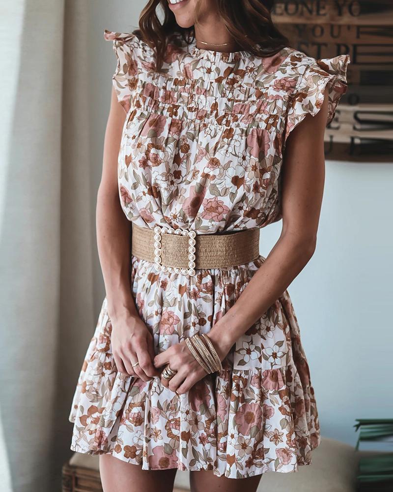 

Ditsy Floral Print Sleeveless Ruffles Hem Casual Dress, White