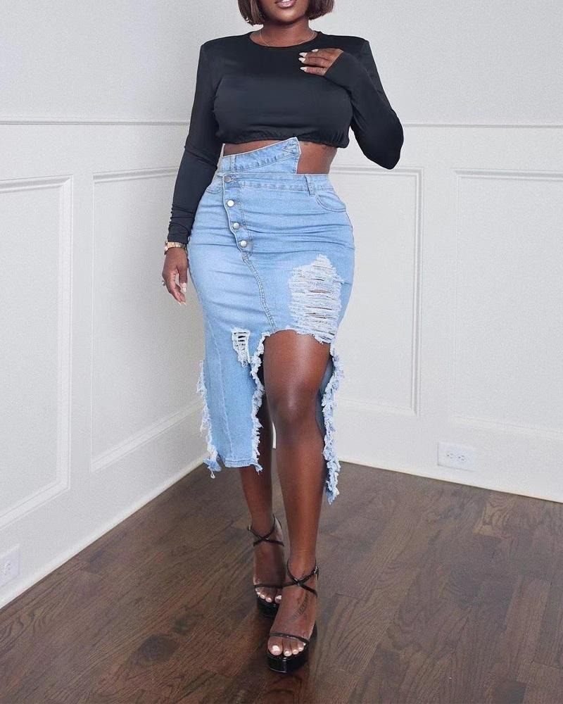 

Ripped Slit High Waist Denim Skirt, Blue