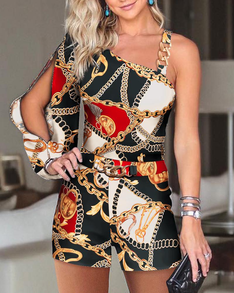 

Scarf Chain Print Split Sleeve Top & Shorts Set, Wine red