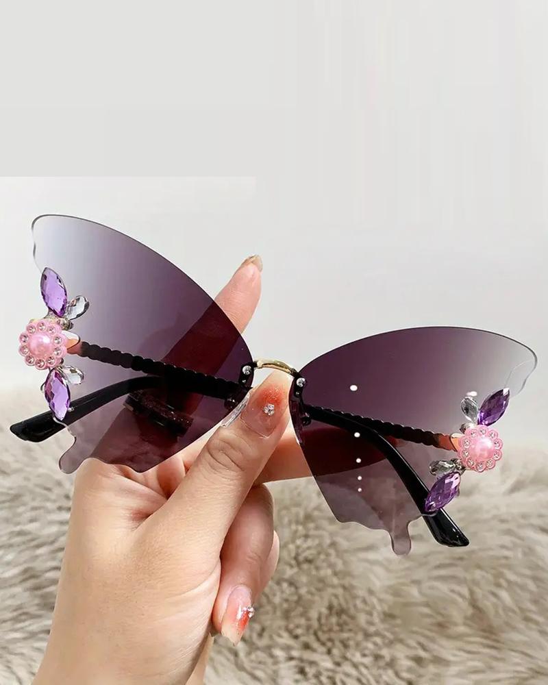 

1Pair Rhinestone Butterfly Shaped Rimless Sunglasses, Gray