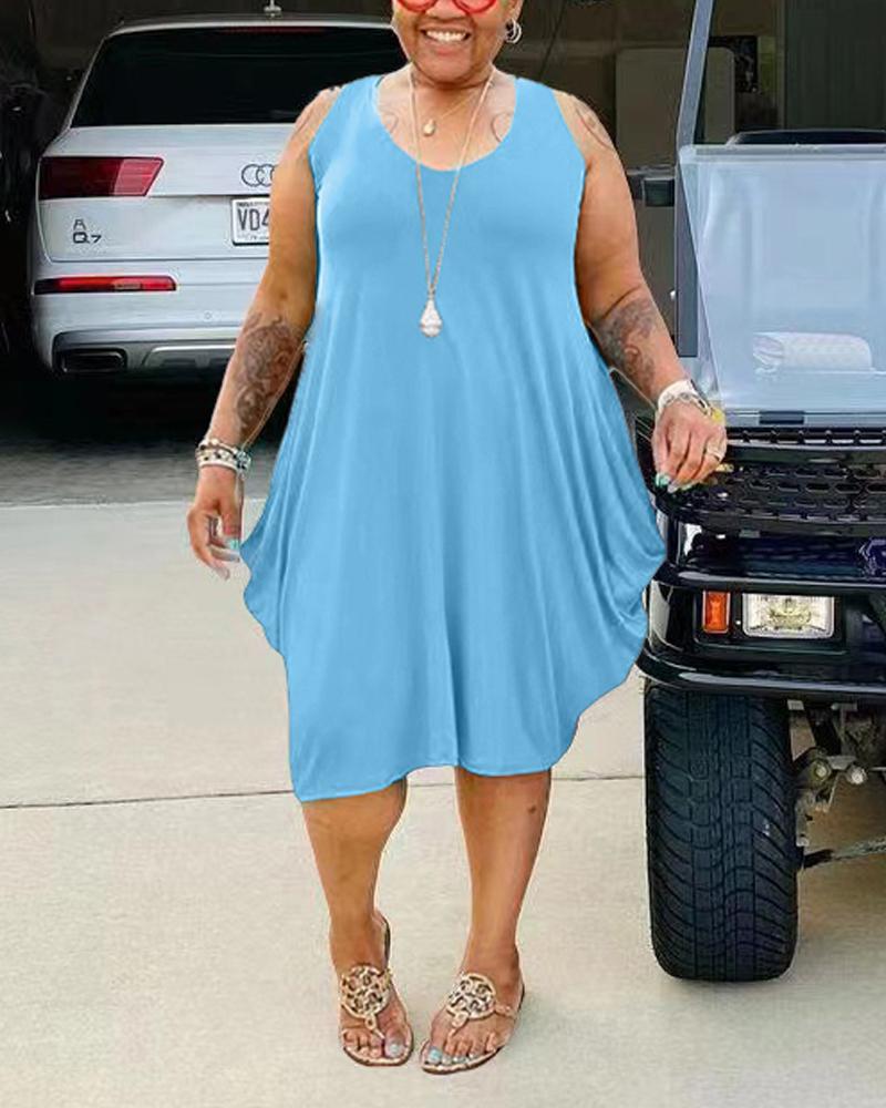 

Plus Size Pocket Detail Sleeveless Casual Dress, Blue