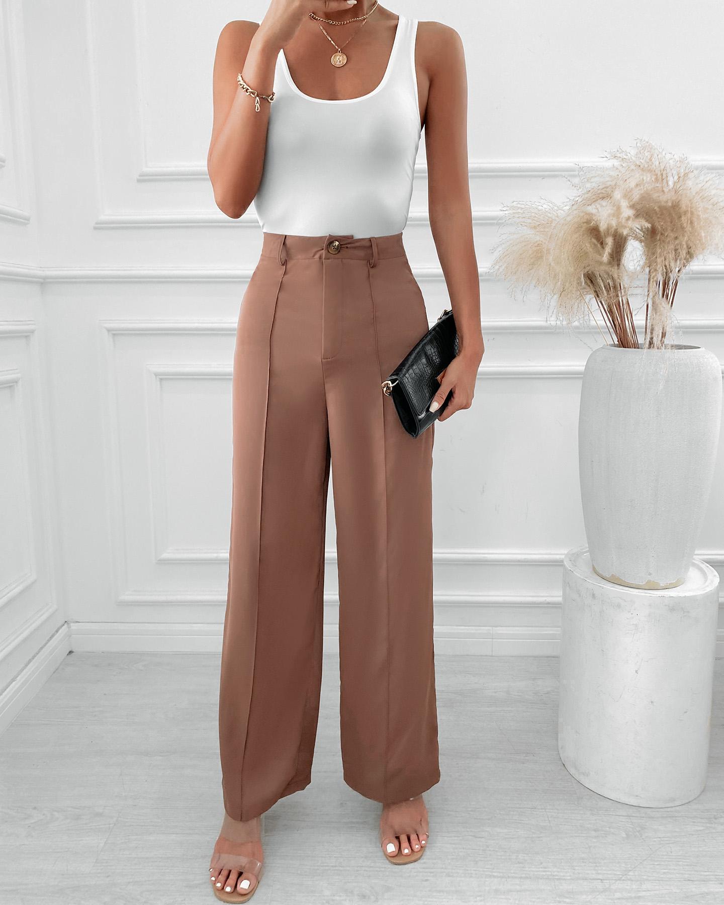 

Solid Ribbed Tanks With Solid Loose Straight Leg Pants Suit Sets, Khaki
