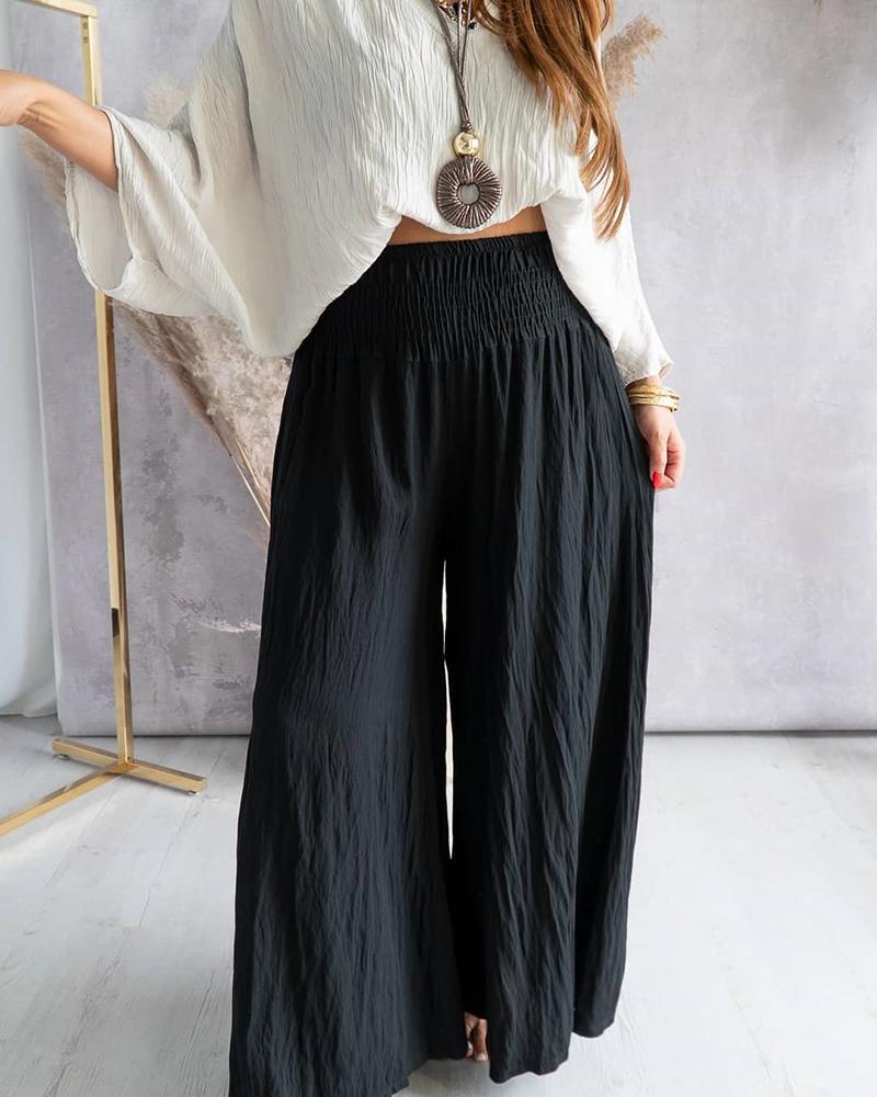

Shirred High Waist Wide Leg Bootcut Pants, Black