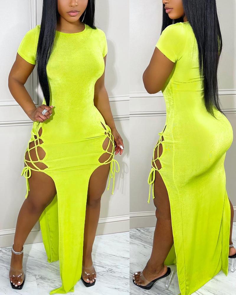 

Lace-up Side High Slit Casual Dress, Green