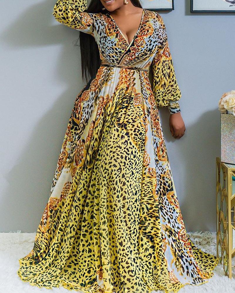 

Tie Dye / Cheetah Print V Neck Maxi Dress, Yellow