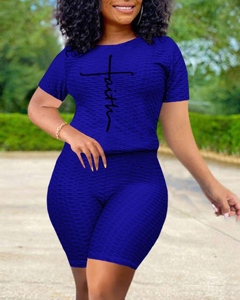 

Letter Print Textured Casual Top & Shorts Set, Blue