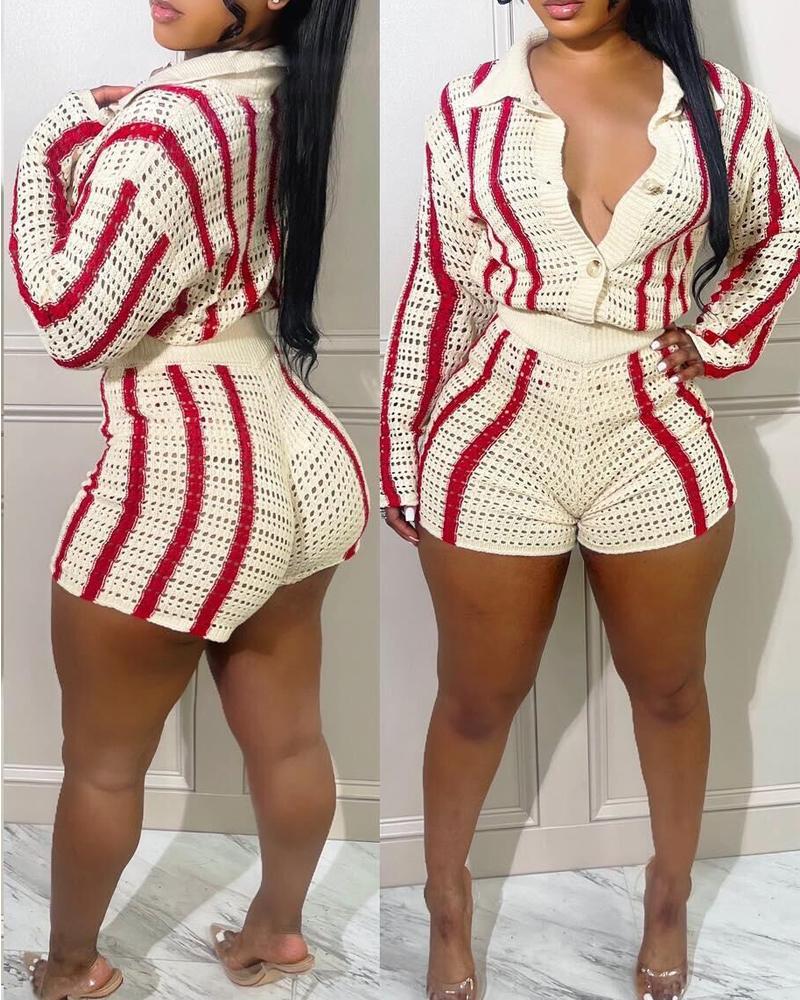 

Striped Hollow Out Knit Cardigan & Shorts Set, Apricot
