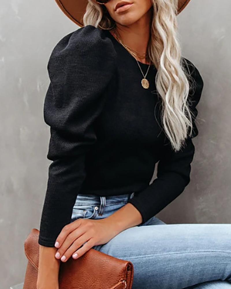 

Puff Sleeve Plain Knit Long Sleeve Top, Black