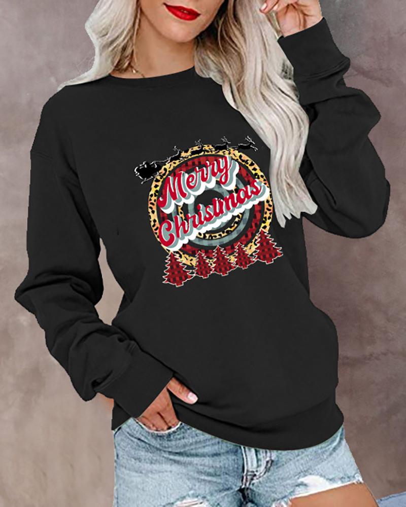 

Christmas O-Neck Long Sleeve Graphic Letter Print Top, Black