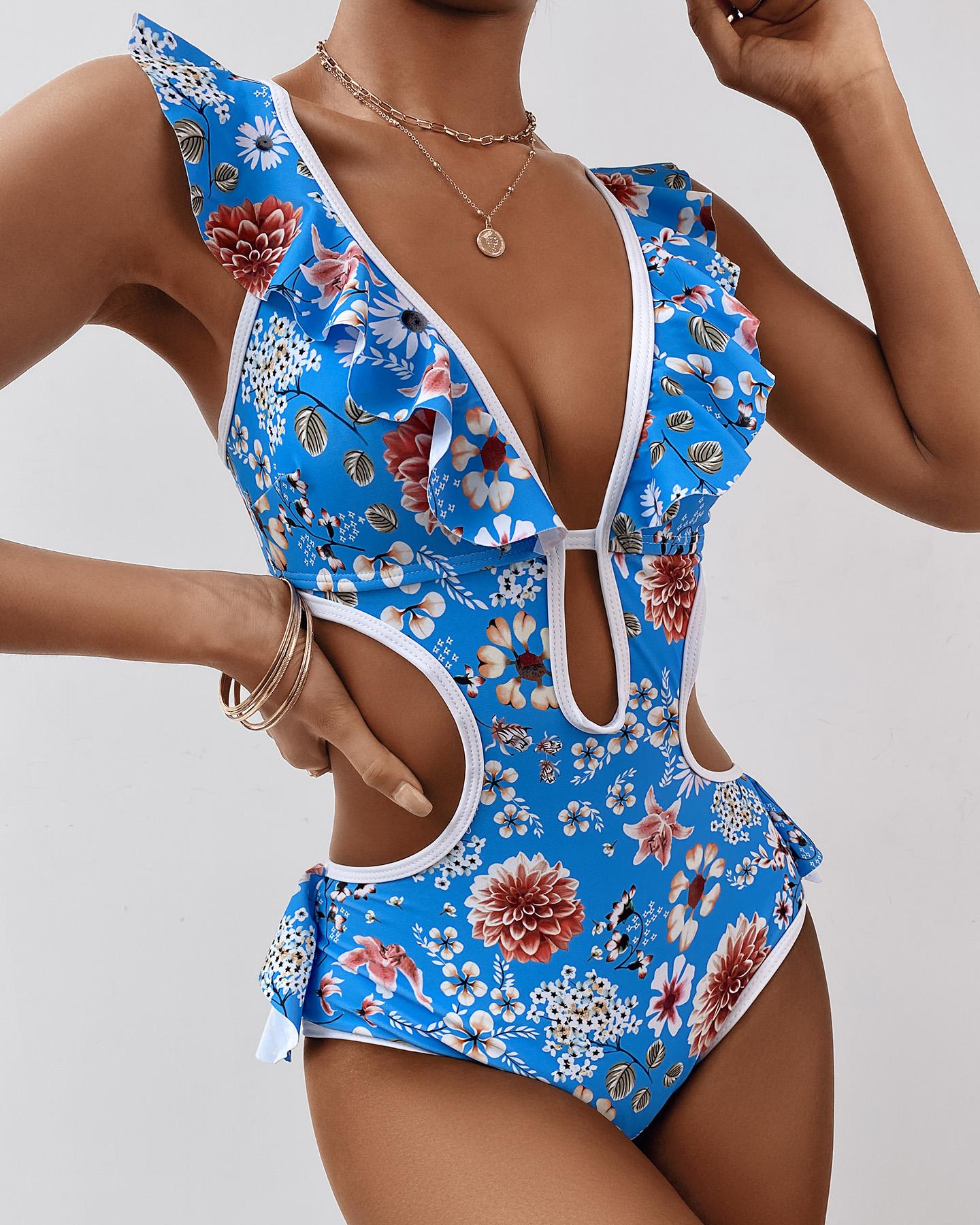 

Floral Print Cutout Ruffles One Piece Swimsuit, Style1