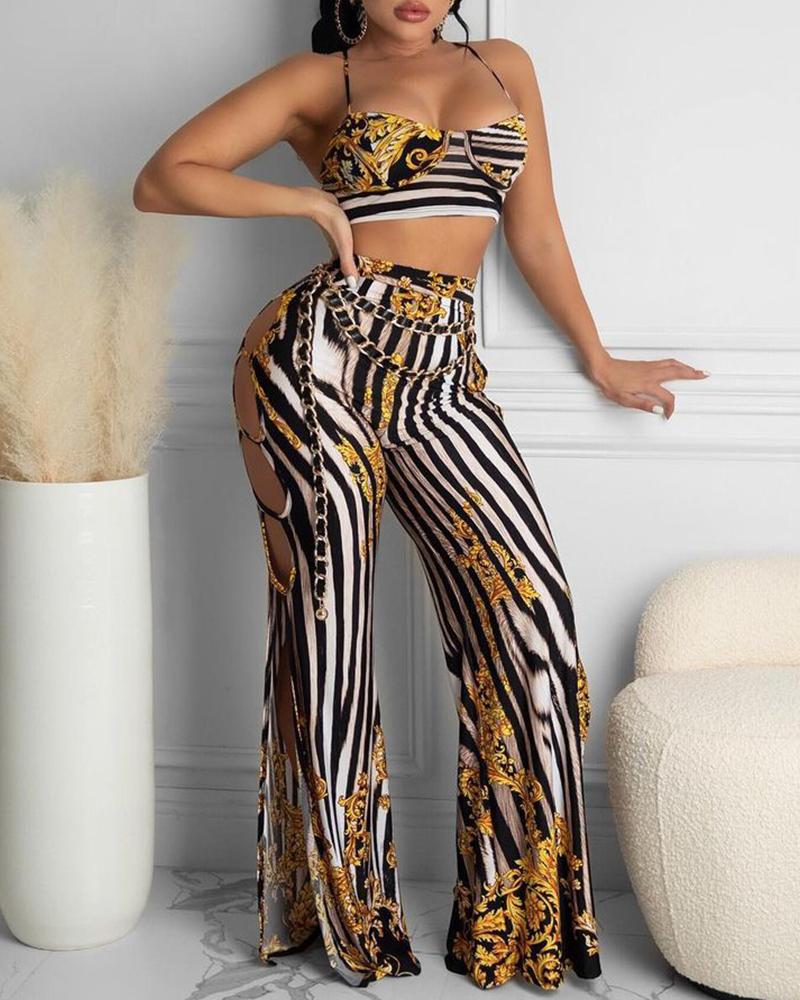 

Zebra Stripe Graphic Print Crop Top & Cutout Slit Wide Leg Pants Set, Yellow