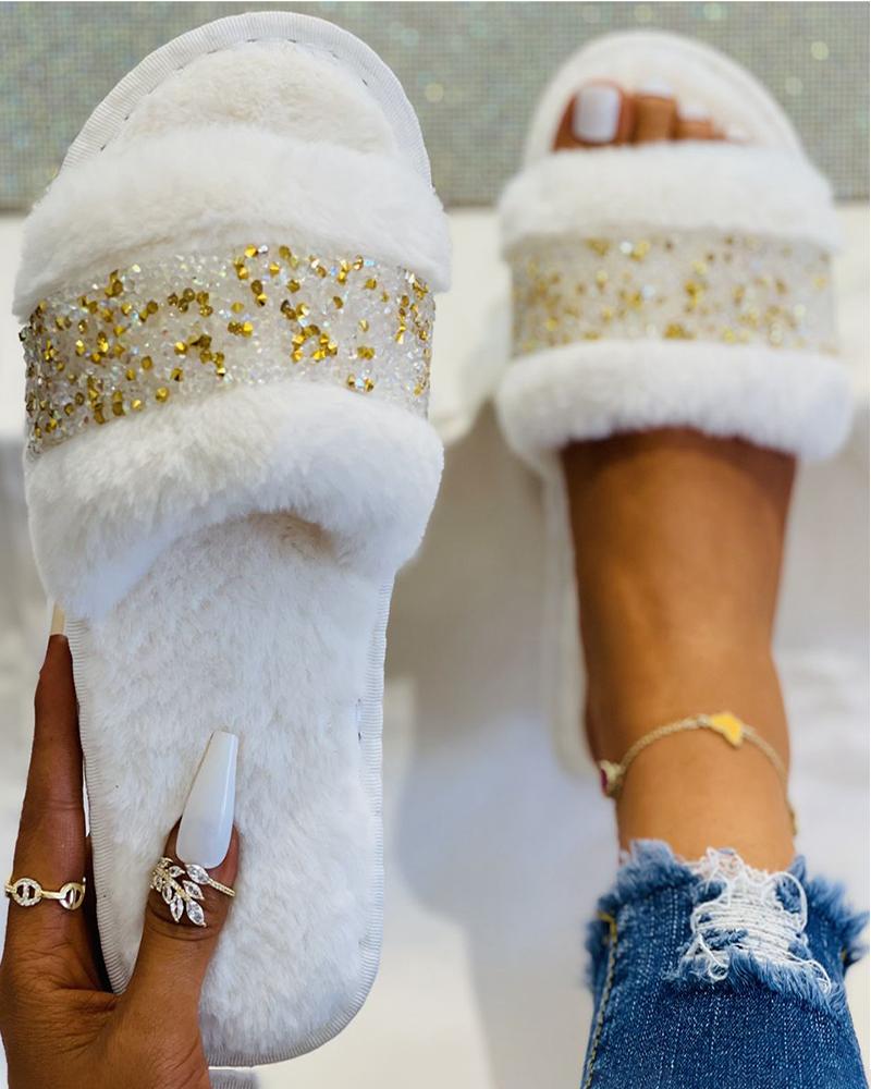 

Rhinestone Patch Peep Toe Fluffy Slippers, White