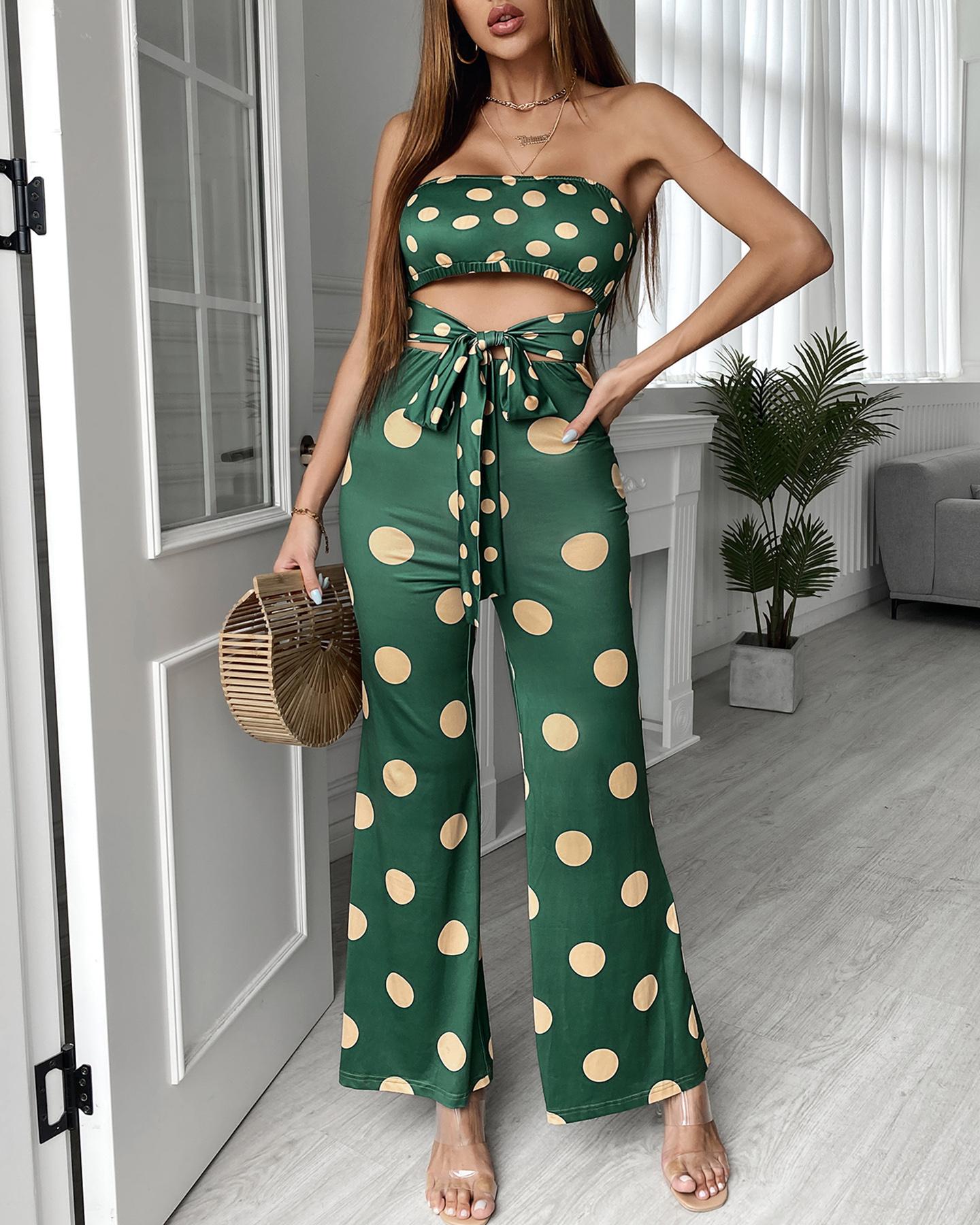 

Dot Print Colorblock Bandeau Jumpsuit, Green