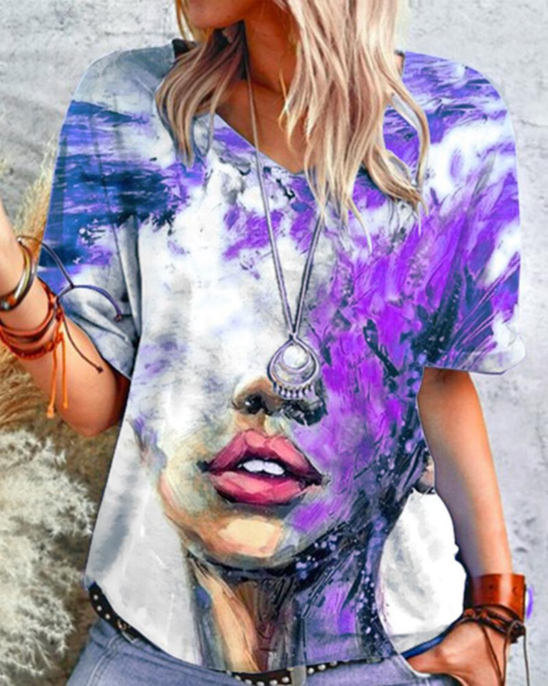 

Figure Patterns Print Short Sleeve Loose T-shirts, Purple