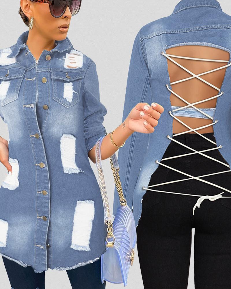 

Eyelet Lace-Up Backless Ripped Buttoned Denim Coat, Blue