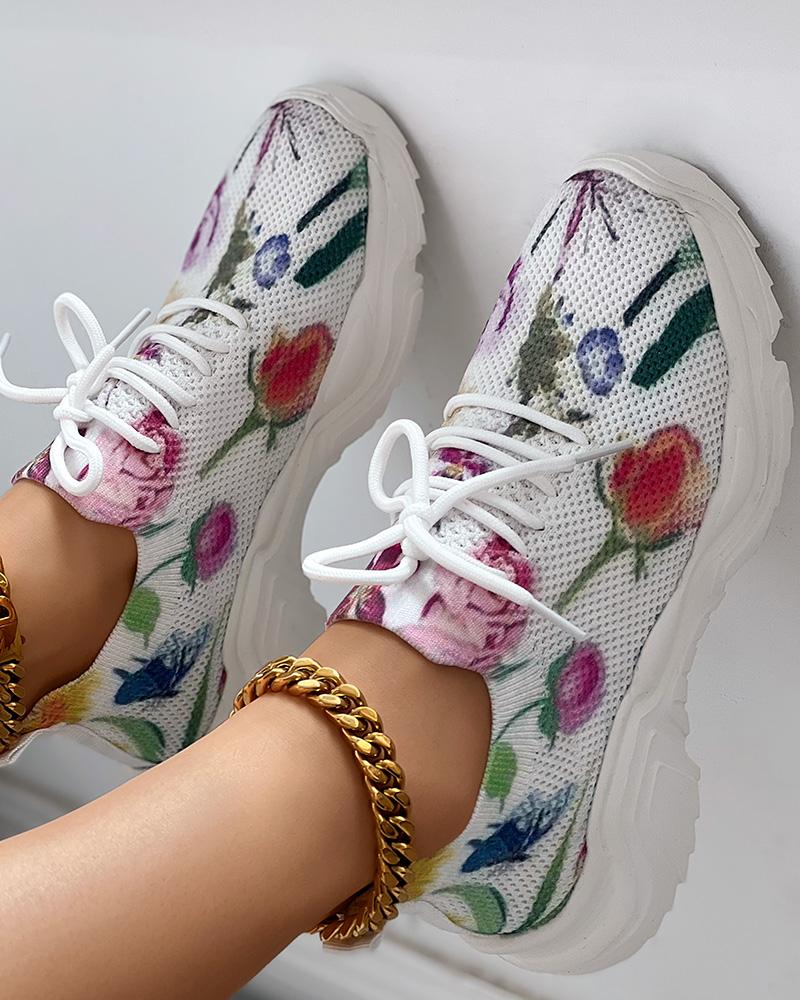 

Floral Print Breathable Lace-up Sports Sneakers, Multicolor