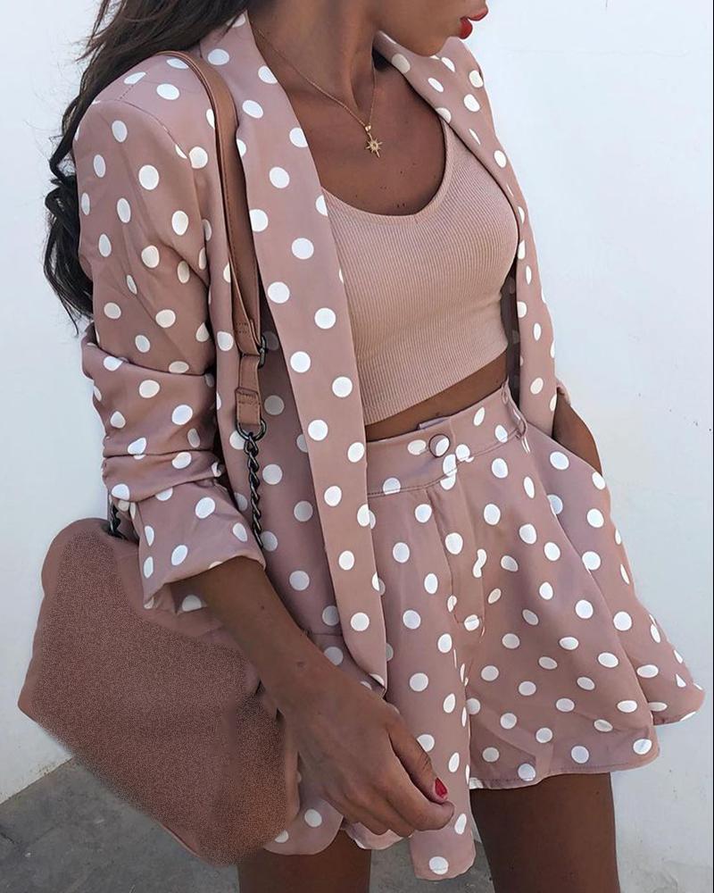 

Long Sleeve Polka Dot Print Blazer Coat & Shorts Set, Pink