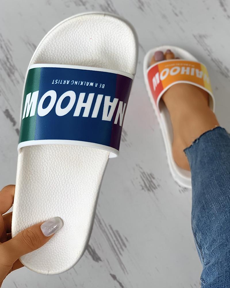 

Colorful Rainbow Letter Pattern Slider Sandals, White