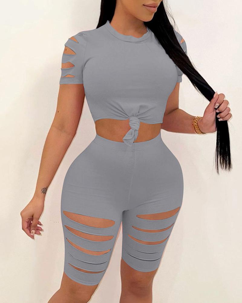 

Ladder Cutout Crop Top & High Waist Shorts Set, Gray