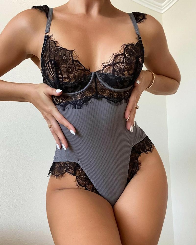 

Contrast Lace Ribbed Teddy, Gray