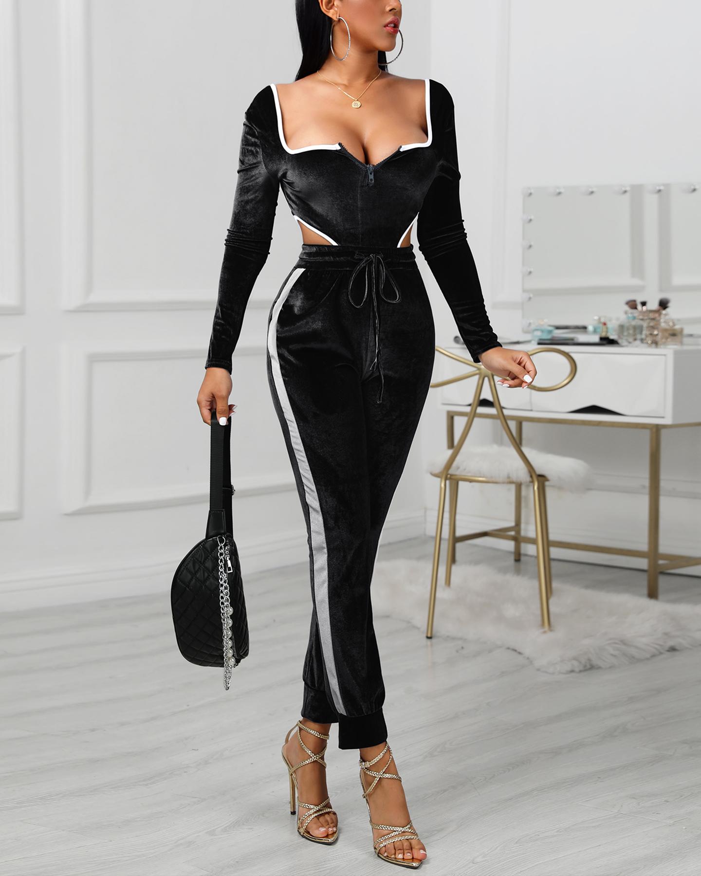 

Colorblock Zipped Drawstring Design Backless Jumpsuit, Black