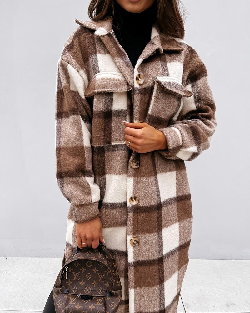 

Plaid Print Fake Pocket Button Design Long Sleeve Shacket, Brown